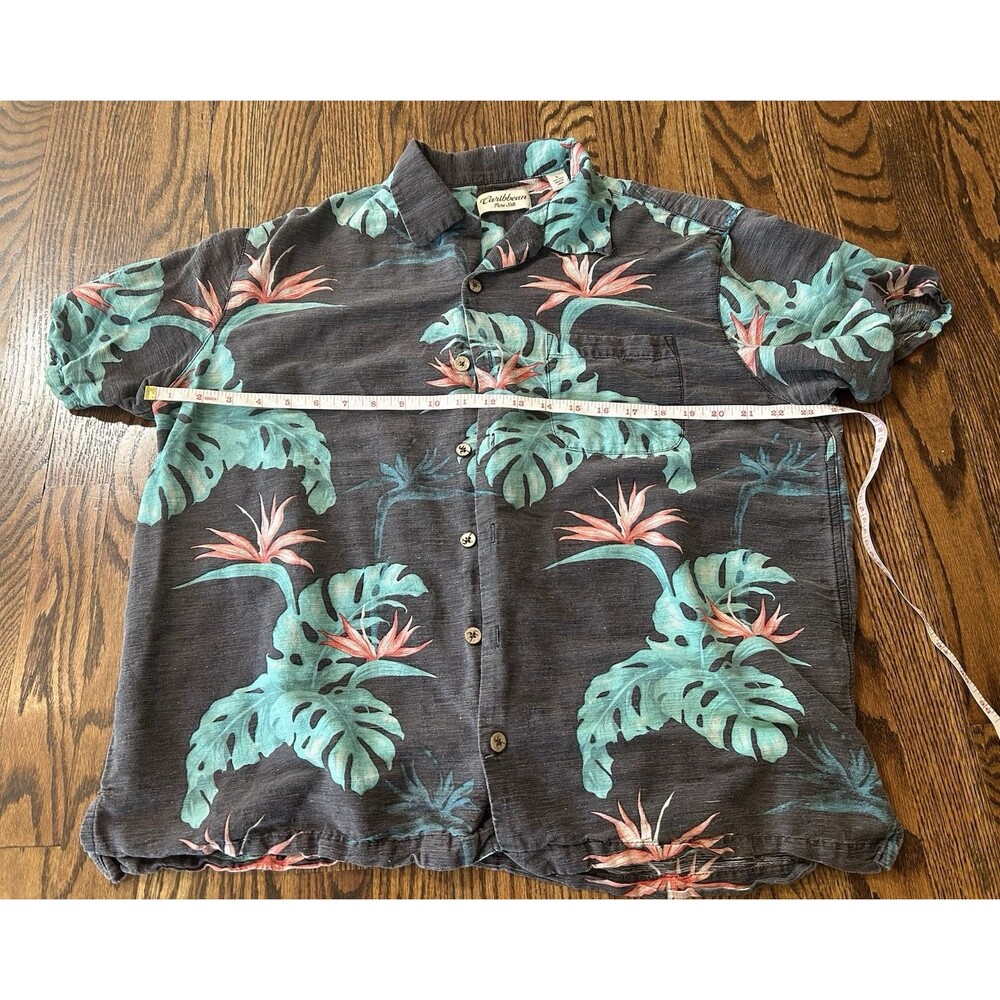 Caribbean 100% Silk Gray Hawaiian Shirt Tropical Short Sleeve Button Down Size L - Picture 4 of 6